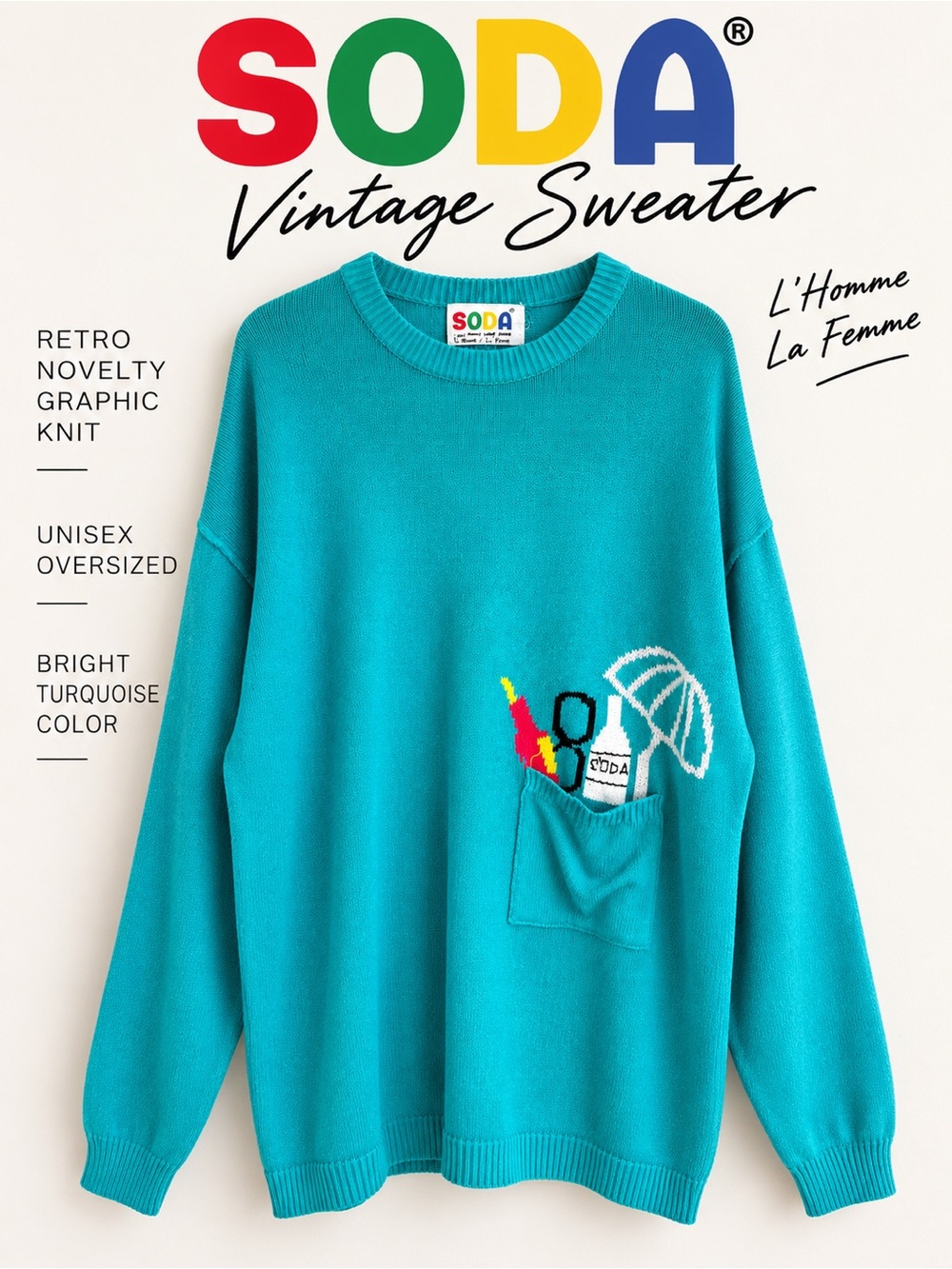 Vintage SODA Turquoise Novelty Graphic Pocket Oversized Sweater Unisex 80s 90s